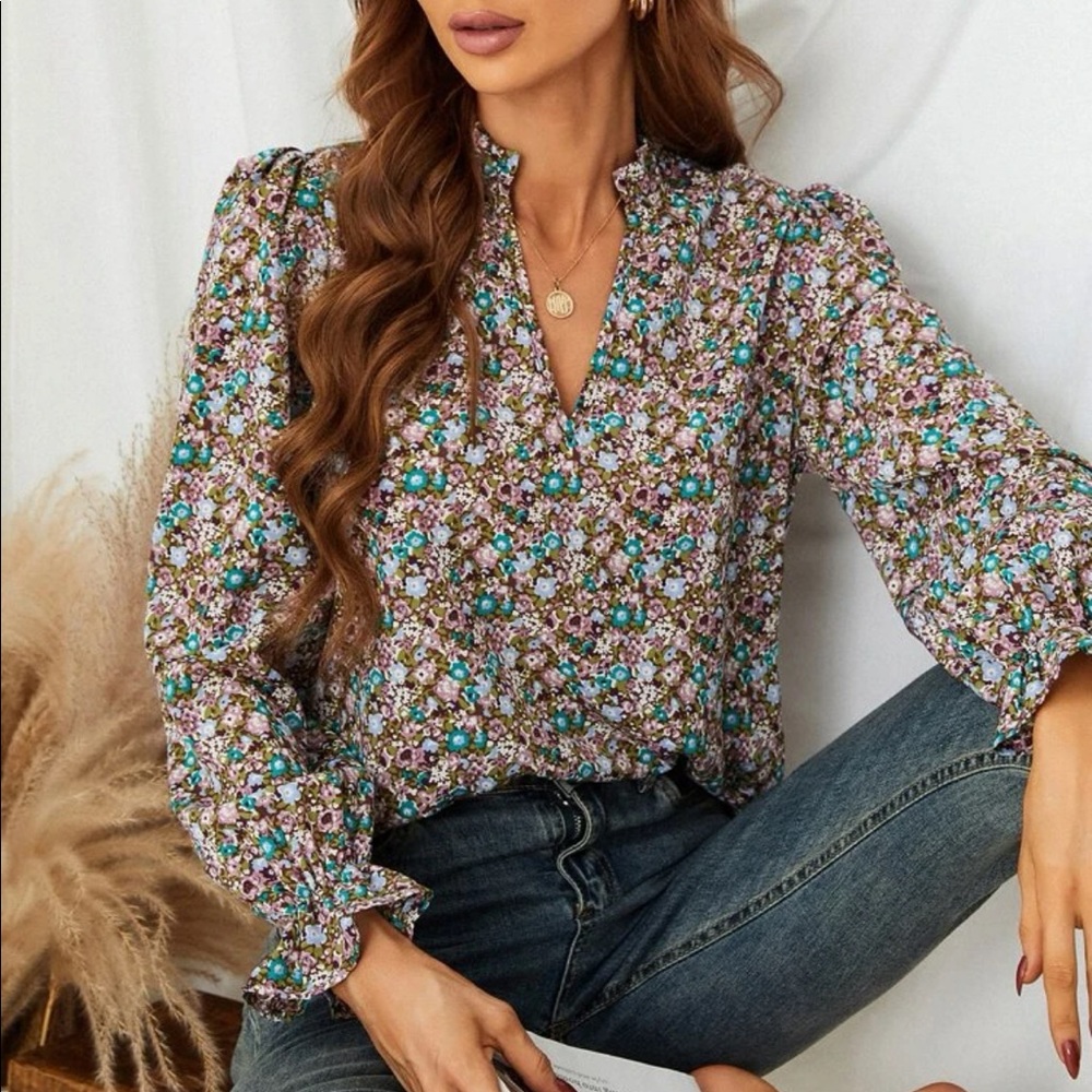 Boho floral print notch neck blouse